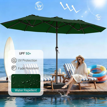 AreShark 15FT Outdoor Patio Umbrella with Crank, Large Rectangular Market Umbrella, Double-Sided Outdoor Umbrellas with Cross Base & Sandbag for Porch, Lawn, Pool, Backyard, Dark Green