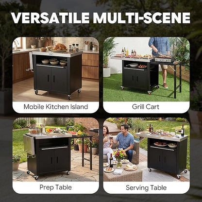 Feasto Outdoor Kitchen Island with Cabinet, Outdoor Grill Table with Stainless Steel Top for Pizza Oven& Griddles, Movable Bar Cart with Pull-Out Plate for Parties& Gathering, Heavy-Duty, L74”x W24”
