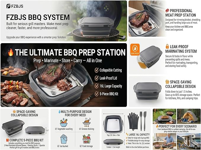 Collapsible BBQ Prep Tub with Lid & Cutting Board 16L - XL Meat Marinating Basin & Grill Carry System - 5pc Set with Heat Resistant Gloves, Basting Brush & Spatula (Black, Large, 16L)