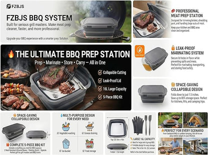 Collapsible BBQ Prep Tub with Lid & Cutting Board 16L - XL Meat Marinating Basin & Grill Carry System - 5pc Set with Heat Resistant Gloves, Basting Brush & Spatula (Black, Large, 16L)