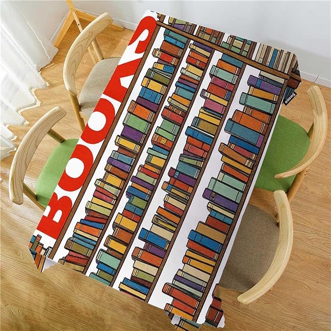 Swono 52x70 Inch Bookshelf Tablecloth Library Bookshelves Books and Ladder Farmhouse Dining Table Cloth Anti-Stain Talking Table Cover for Kitchen Dinning Room Coffee Store
