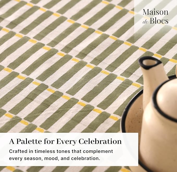 100% Cotton Hand Block Printed, Tablecloth for Kitchen, Dining, Table Cover for Parties, Chritmas, Weddings, Barbecues and Summer picnics Table Cloth (Green & Yellow, 60" x 90")