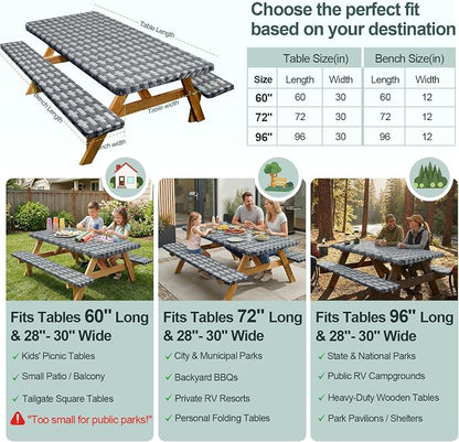 Picnic Table Cover with Bench Covers Camping Essentials Waterproof Windproof Camping Tablecloth with Drawstring Bag, Fitted Rectangle Tables and Seats, 72in, Dark Gray