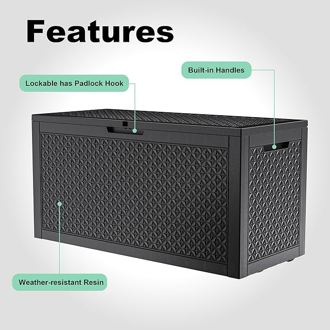 ROJIK 110 Gallon Waterproof Outdoor Deck Storage Box, Lockable Resin Patio Storage Bin with Lid for Garden Tools, Patio Cushions & Outdoor Accessories(Black)