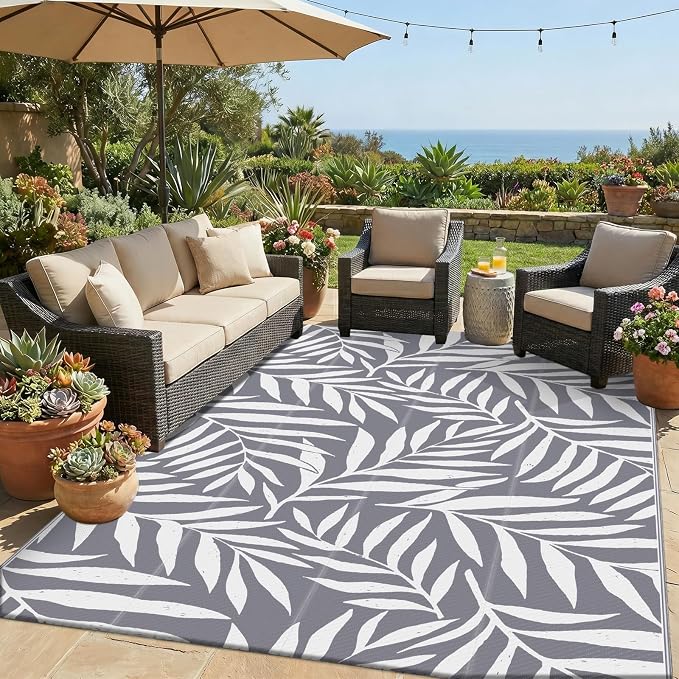 Smiry Outdoor Rug 5x8 ft Waterproof Reversible Leaf Mat, Grey & White | Polypropylene Plastic Straw, Quick Drying, Lightweight Foldable, for Patio, Deck, RV Camping, Backyard and Indoor Outdoor Use