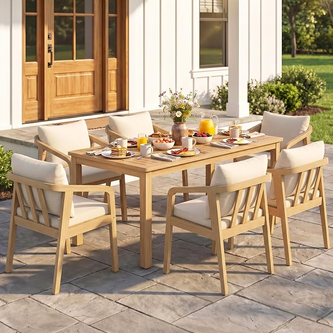 FansaFurn 7 Pieces Acacia Outdoor Patio Table and Chairs Set for All-Weather, Outside Furniture with Table Umbrella Hole and Removable Cushion for 6, Outdoor Furniture Set for Garden, Patio, Beige
