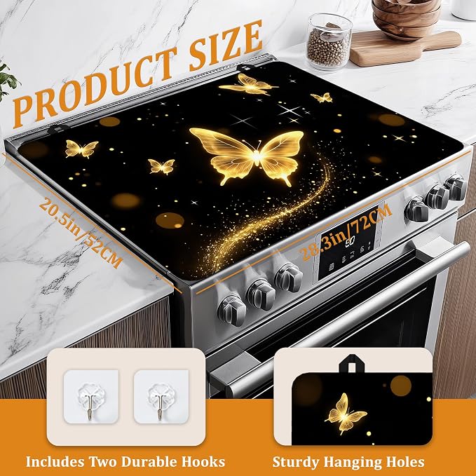 Stove Top Covers for Electric Stove,Glowing Butterfly Flat Top Stove Cover,Dark Color Heat Resistant Glass Top Stove Cover Protector Anti-Slip Range Covers, 28 x 20 Inch