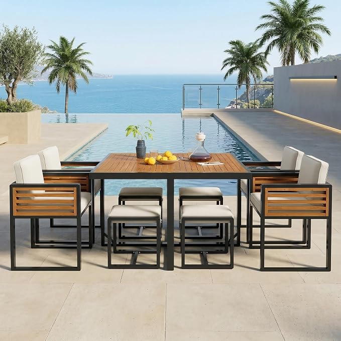 Merax 9-Piece Patio Dining Set for 8 People, Acacia Wood Outdoor Furniture Sets with 1 Square Table, 4 Cushioned Chairs and 4 Ottomans for Backyard, Garden, Lawn, Poolside, Space Saving Design, Beige