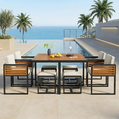 Merax 9-Piece Patio Dining Set for 8 People, Acacia Wood Outdoor Furniture Sets with 1 Square Table, 4 Cushioned Chairs and 4 Ottomans for Backyard, Garden, Lawn, Poolside, Space Saving Design, Beige