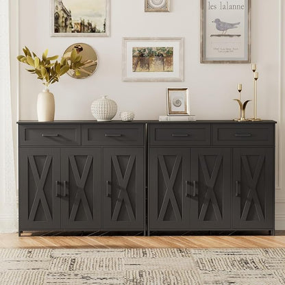 Homhedy Coffee Bar Storage Cabinet with Drawers, Kitchen Buffet Cabinet | Sideboard Cabinet with Doors, Farmhouse Buffet Cabinet, Adjustable Shelves, for Kitchen / Dining / Living Room, Black
