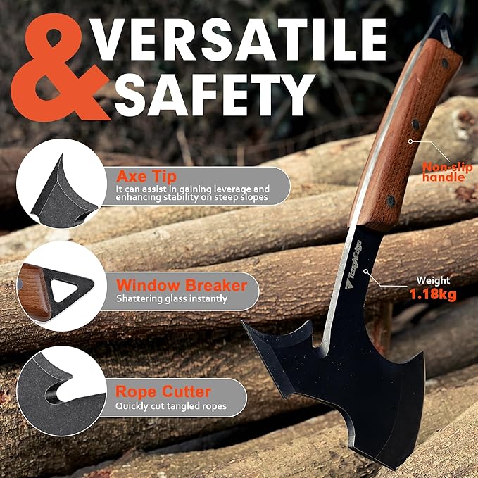 ⁠Tactical Tomahawk Axe, Survival Camping Throwing Axe with Leather Sheath & Gift Box - High Carbon Steel Blade, Acacia Wood Handle for Outdoor Survival Gear, Emergency Tool by ToughEdge⁠