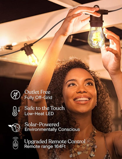 Brightech Ambience Pro Super Bright 48 Ft, 15 Bulbs Solar Power Remote Control Outdoor String Lights, Edison Spiral Shatterproof Bulbs, Commercial Grade LED, Waterproof Patio Lights, 4W Soft White