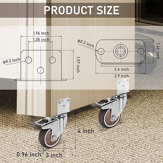 Nefish 3 Inch Side Mount Casters Wheels, L-Shaped Rubber Caster Set of 4, Ball Bearing 360 Degree Plate Swivel Castors Wheel 1000 LBS, Casters Wheels for Furniture, Baby Bed, Kitchen, Cabinet, Table