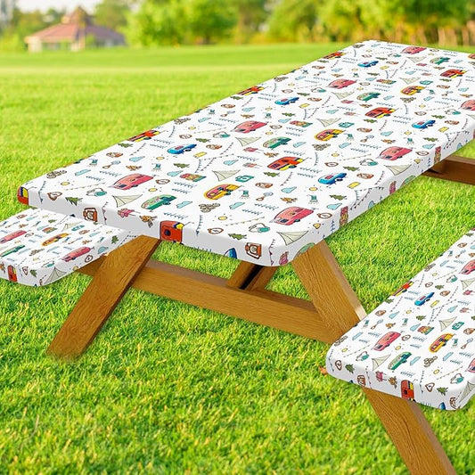Picnic Table Cover with Bench Covers, Colorful Cartoon Camping Icons Elastic Edges, Waterproof Windproof Fitted Tablecloth, for Outdoor Camping Patio Garden, Includes Drawstring Bag, 96 in