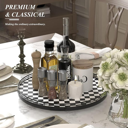 AMH 16-Inch Black and White Checkerboard Lazy Susan Decorative Tray | Smooth rotating oak tray with walnut finish for dining tables, kitchen counters, pantries and cabinet storage.