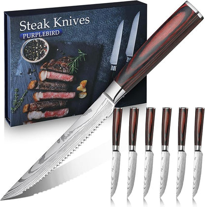 PURPLEBIRD Steak knives Set of 6, Serrated Steak Knife Set 4.5 Inch, Japanese High Carbon Steel Kitchen Steak Knife, Sharp Steak Knives with Wood Handle, Dinner Knife with Gift Box for Mom Dad