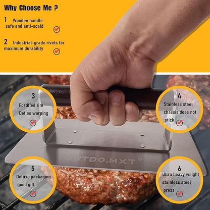 Stainless Steel 9X4.2“ Smash Burger Press,1.9lb Heavy Duty Burger Smasher with Wooden Handle and Velvet Storage Bag for Griddle,Grill Press for Hamburger, Bacon,Steak, Barbecue Grilling Tool