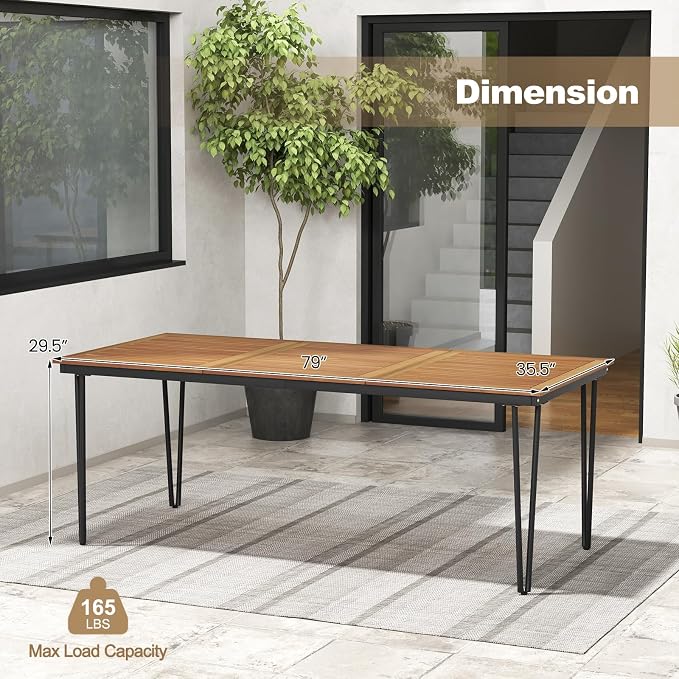 Tangkula 79 Inch Outdoor Dining Table for 8, Acacia Wood 8-Person Patio Table with 1.9 Inch Umbrella Hole, Metal Legs & Adjustable Foot Pads, Rectangular Outside Table for Garden, Poolside & Backyard