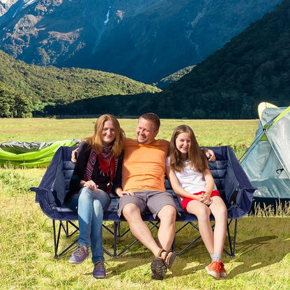 Huskfirm 3 Person Camping Chairs Folding Double Camp Chair for Adults Blue | Oversized Loveseat Camping Chair Padded Heavy Duty Camping Couch for Outdoor Lawn with Two Cup Holders and Carry Bag