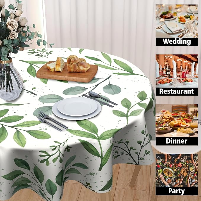 Sweetshow Spring Floral Teal Sage Green Tablecloth Round 60 Inch Watercolor Eucalyptus Leaf Round Table Cloth Wrinkle Resistant Washable Table Cover for Kitchen Dining Room Holiday Party Picnic Patio