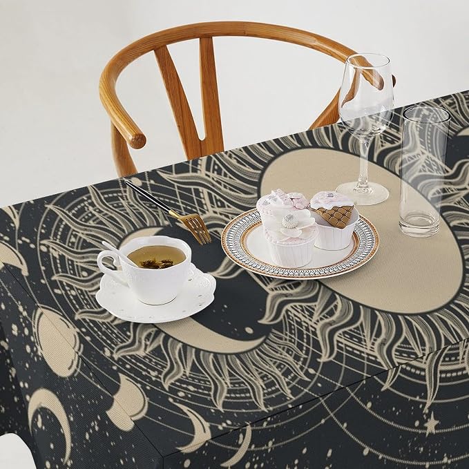 Vintage Tarot Tablecloth Boho Mystical Astrologer Zodiac Full Moon Phases Star Galaxy Space Table Cloth Water Resistant Wipeable Table Cover for Picnic Party Holiday Kitchen Dinner Table 55"x55"