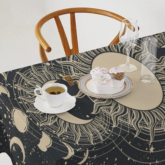 Vintage Tarot Tablecloth Boho Mystical Astrologer Zodiac Full Moon Phases Star Galaxy Space Table Cloth Water Resistant Wipeable Table Cover for Picnic Party Holiday Kitchen Dinner Table 55"x55"