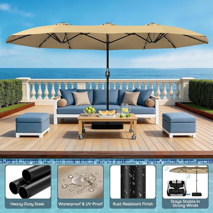 HOPERAN 15FT Patio Umbrella with Base Included, Large Outdoor Double-Sided Rectangle Table Umbrella with Easy Crank Lift, Market Umbrella for Backyard, Pool&Garden