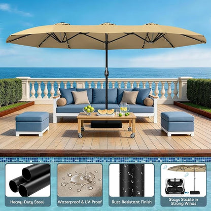HOPERAN 15FT Patio Umbrella with Base Included, Large Outdoor Double-Sided Rectangle Table Umbrella with Easy Crank Lift, Market Umbrella for Backyard, Pool&Garden