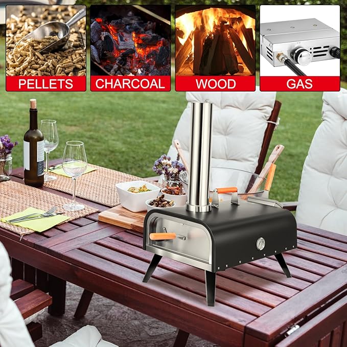 Outdoor Wood Fired Gas 12'' Pizza Oven Multi-Fuel, Gas Burner, Wood Tray, Portable, Oven Grill, Outside, Backyard, Pizza Maker, oven gloves, Peel, Cutter (Gas Fire)