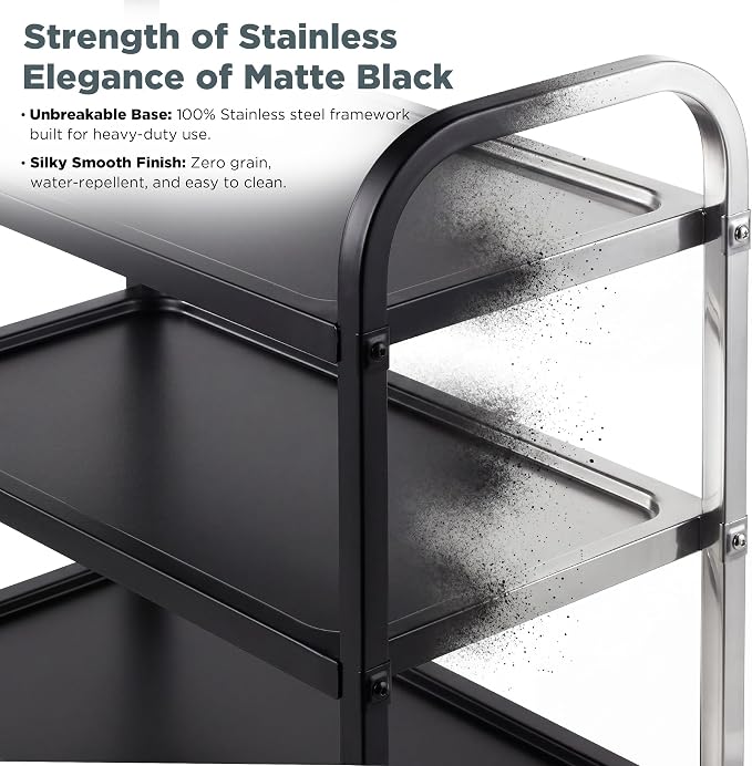 Black Stainless Steel Serving Cart, 3-Tier Rolling Utility Trolley (30"x16"x33"), Heavy Duty Painted Kitchen Cart on Wheels with Brakes, Commercial Grade for Restaurant, Hotel, Salon & Lab