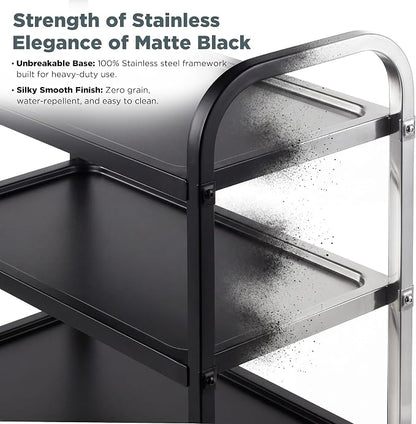 Black Stainless Steel Serving Cart, 3-Tier Rolling Utility Trolley (30"x16"x33"), Heavy Duty Painted Kitchen Cart on Wheels with Brakes, Commercial Grade for Restaurant, Hotel, Salon & Lab