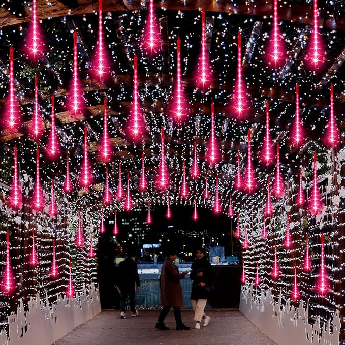 LAMPHOME Pink Lights for Valentines Day Decor,Christmas Lights Outdoor12-inch LED Meteor Shower Icicle Lights, 10 Tubes 240 LED Shower Rain Waterproof Plug for Xmas Tree Yard House