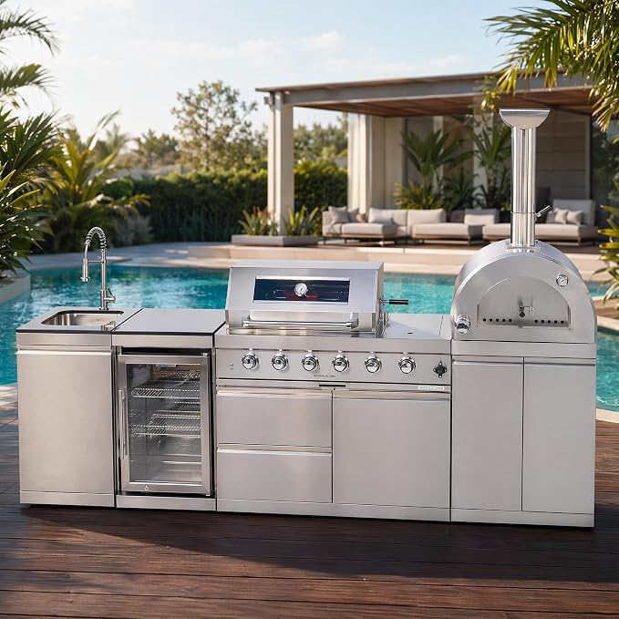 112-Inch 304 Stainless Steel Outdoor Kitchen Island Grill with Pizza Oven, Wine Cooler, Rotisserie, Granite Countertops & Storage Cabinets – 108000 BTU Total Heat Output, Silver