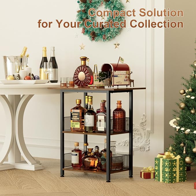 Bar Cart, Mobile 3-Tier Serving Cart with Lockable Wheels, Freestanding Wine Rack & Liquor Cabinet for Kitchen, Dining Room, Home Bar in Black