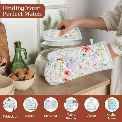 Maison d'Hermine Oven Gloves 100% Cotton Oven Mitt 7" x 13" with Loop Heat Resistant BBQ Cooking Gloves Baking Grilling Kitchen Hotel Home Farmhouse Spring Summer (Pack of 1, Just Floral)