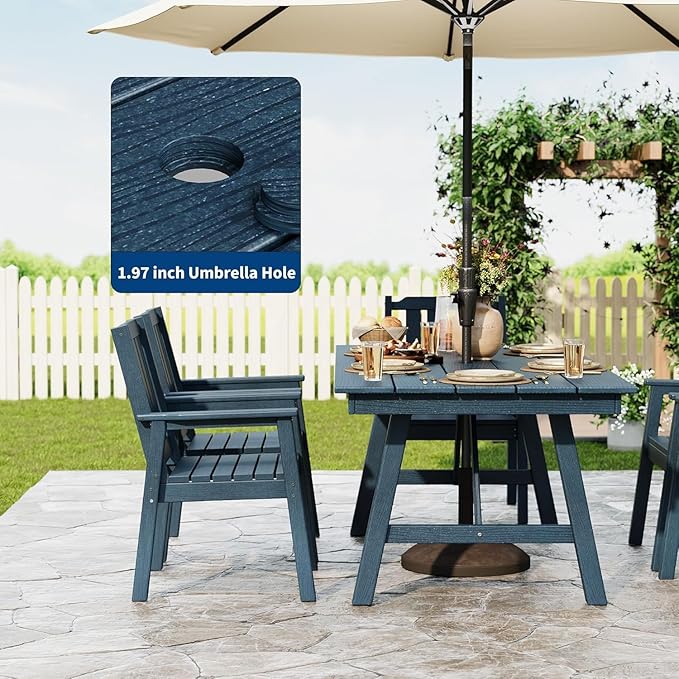 GarveeLife 5-Piece Outdoor Dining Set for Patio 4 People, HDPE All Weather Furniture Table Set with Large Table Umbrella Hole, Modern Outdoor Dining Chairs Armrest for Backyard Garden Deck（Navy Blue）