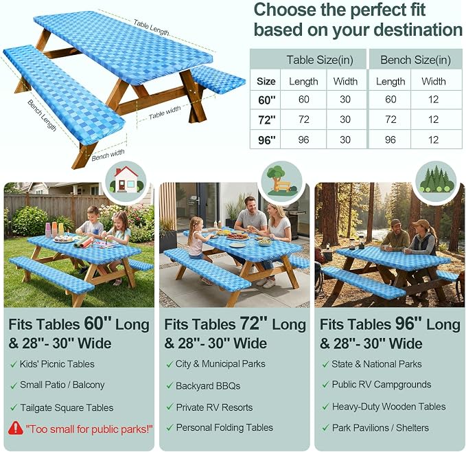 Picnic Table Cover with Bench Covers Camping Essentials Waterproof Windproof Camping Tablecloth with Drawstring Bag, Fitted Rectangle Tables and Seats, 72in, Blue | Waterproof Vinyl for Outdoor, Windproof Elastic Fitted Edges, RV BBQ Accessories Must H...