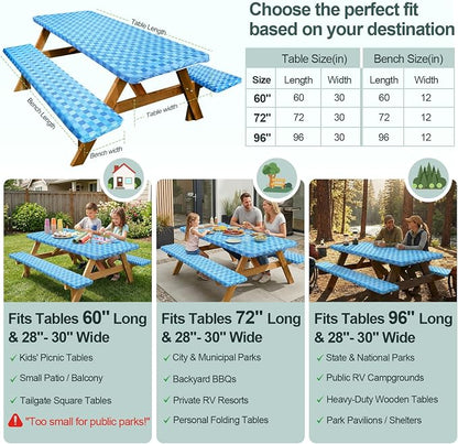 Picnic Table Cover with Bench Covers Camping Essentials Waterproof Windproof Camping Tablecloth with Drawstring Bag, Fitted Rectangle Tables and Seats, 72in, Blue | Waterproof Vinyl for Outdoor, Windproof Elastic Fitted Edges, RV BBQ Accessories Must H...
