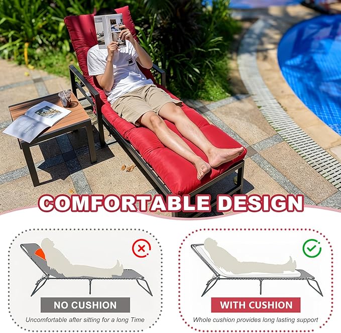 Outdoor Lounge Chair Cushions, 74.4 x 22 x 4.7 Inches Waterproof Fade Resistant Patio Cushion for Chaise Lounger(Red)