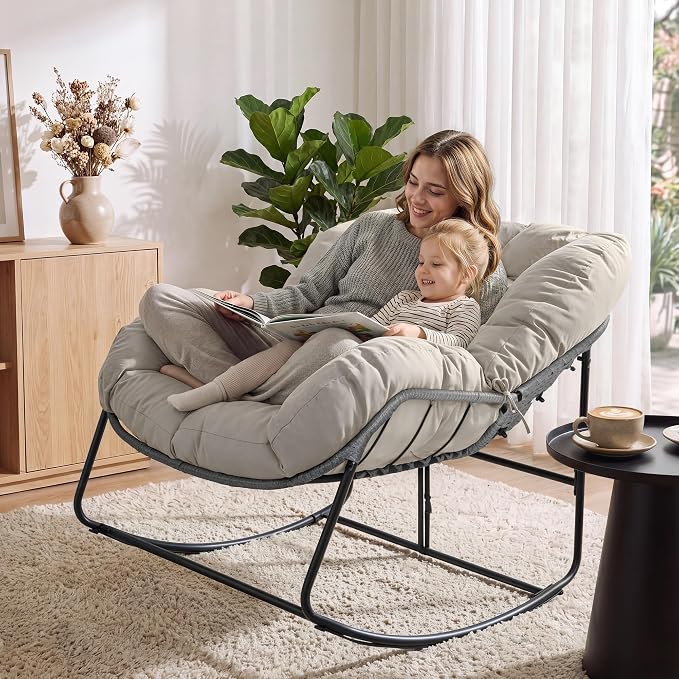 Bifanuo Oversized Egg Rocking Chair for Indoor Outdoor – All-Weather Wicker Rattan Lounge Chair with Cushion Patio Rocker for Porch Garden or Balcony (Beige)