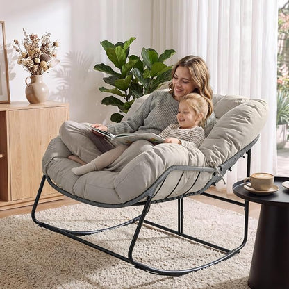 Bifanuo Oversized Egg Rocking Chair for Indoor Outdoor – All-Weather Wicker Rattan Lounge Chair with Cushion Patio Rocker for Porch Garden or Balcony (Beige)