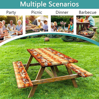 Fall Picnic Table Cover with Bench Covers with Drawstring Bag, Camping Essentials Autumn Maple Leaf Pumpkin Waterproof Oilproof Camping Tablecloth, Fitted Rectangle Tables and Seats, 3PCS, 30x72 Inch