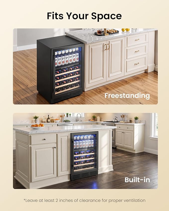24 Inch Dual Zone Wine Fridge and Beverage Refrigerator, 63 Cans & 30 Bottles, Built-in Freestanding Under Counter Wine Cooler, UV Glass Door, Quiet Cooling, Lock, for Home Bar Office, Black