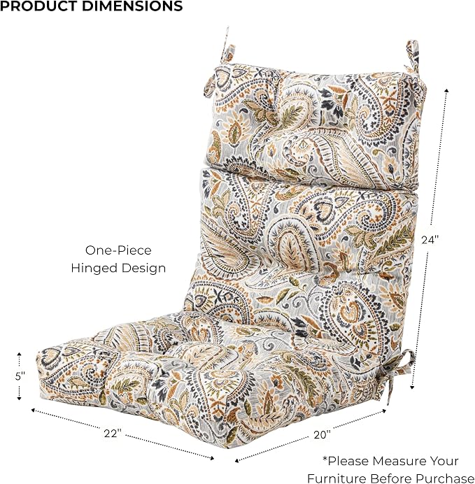 Outdoor Tufted High-Back Chair Cushions, One-Piece Hinged Seat and Back Design, Reversible with 4 Ties, Durable Polyester Fabric, Recycled Fiber Fill - Single, Arctic Paisley