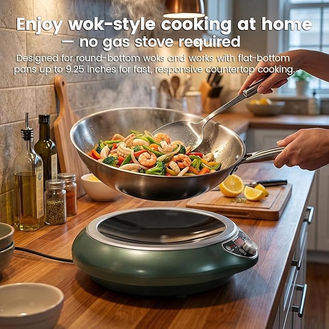 1700W 120V Concave Induction Wok Cooktop, 9.25-Inch Coil, Steady Low-Heat Control, 16 Power Levels, ETL Listed Portable Countertop Burner for Round-Bottom Woks & Flat-Bottom Pans