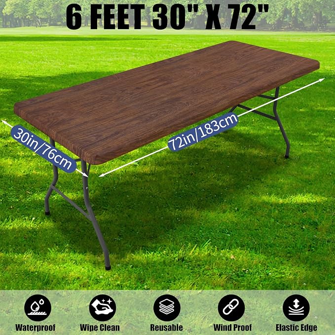 Smiry 2 Pack Rectangle Table Cloth 6 Foot, Waterproof Elastic Fitted Tablecloths, Windproof Washable Polyester Table Cover for Picnic, Camping, Outdoor (Brown, 30"x72")