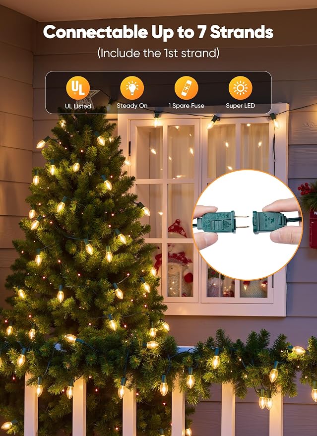 Vintage C9 Christmas Lights Outdoor, 100FT 100 LED String Lights Warm White | Waterproof Connectable Christmas Tree Lights for House, Roofline, Holiday Party, Indoor Outside, Garden Patio Backyard Decor