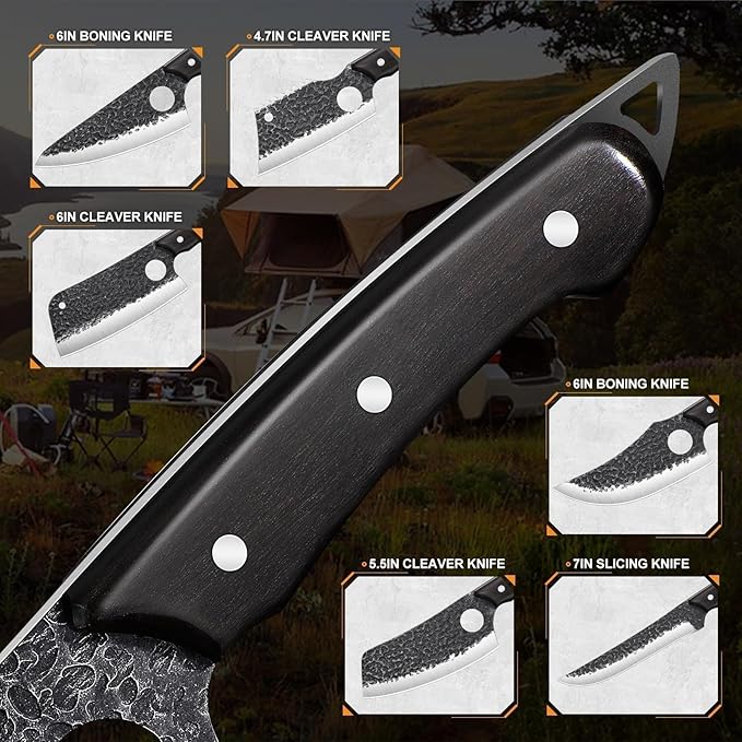TAN REN 17PCS Butcher Knife Set with Bag, High Carbon Steel BBQ Knife Set for Meat Cutting, Hand Forged Serbian Chef Knives for Men Home & Outdoor Cooking