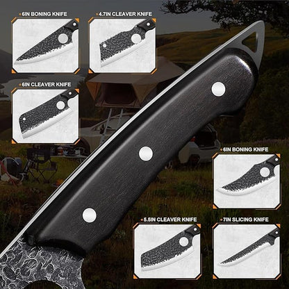 TAN REN 17PCS Butcher Knife Set with Bag, High Carbon Steel BBQ Knife Set for Meat Cutting, Hand Forged Serbian Chef Knives for Men Home & Outdoor Cooking