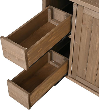Christopher Knight Home Edsel Outdoor Bar Cart with Stainless Steel Top and Lockable Wheels, Solid Wood Outdoor Storage Cabinet, Kitchen Island Serving Cart for Poolside, Garden, Natural Brown+Silver